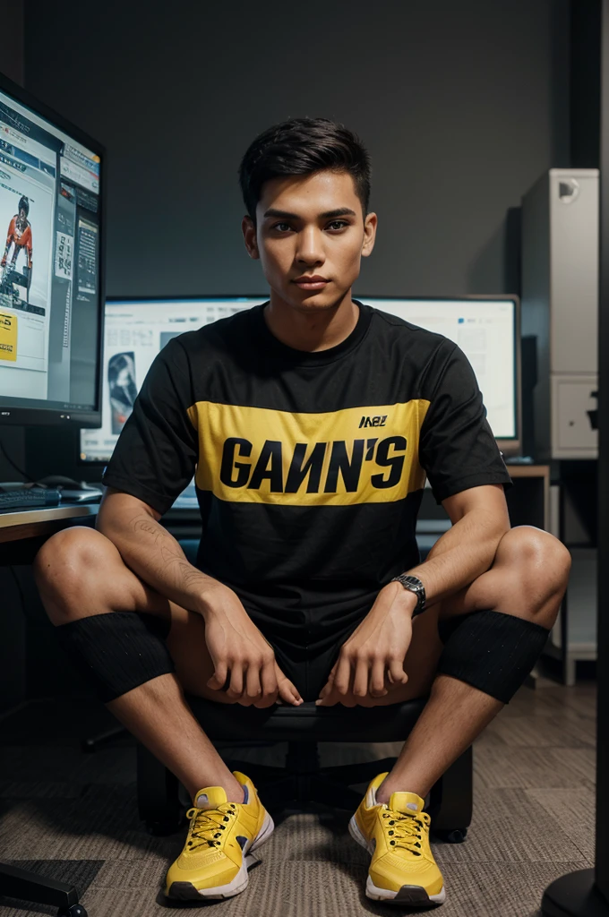 Generate a gamer boy named Injam Playing free fire games in his mobile and  he is sitting in his gaming room background wall painted with FREE FIRE in stylish word