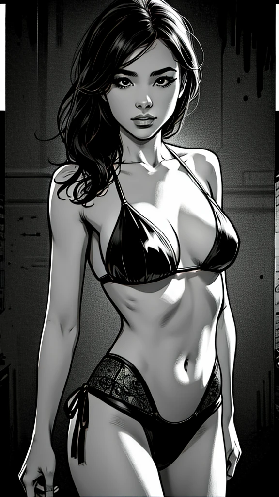 2d comic,line art, 比基尼, greyscale, ภาพโทนbright, bright, daytime