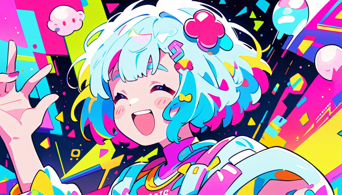 Vibrant art,pop、bright、colorful, 1 female, Light blue hair, short hair、Happy,cute, Animation Style, cute, clearly, pastel、colorful cyberpunk, bubblegum pop, cute、Pink and light blue as main colors、I'Cheer loudly、 Wearing headphones、tropical, summer、 Cool atmosphere、