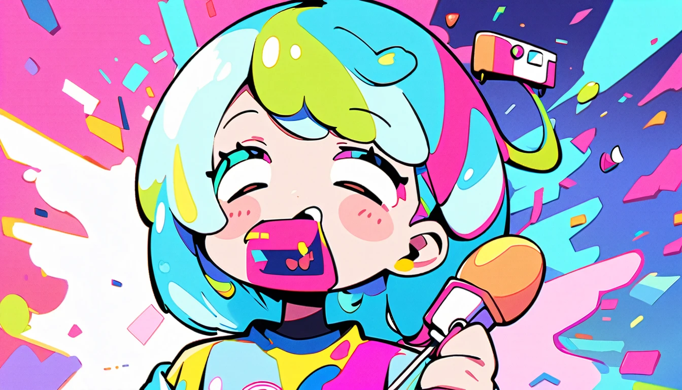 Vibrant art,pop、bright、colorful, 1 female, Light blue hair, short hair、Happy,cute, Animation Style, cute, clearly, pastel、colorful cyberpunk, bubblegum pop, cute、Pink and light blue as main colors、I'Cheer loudly、 Wearing headphones、tropical, summer、 Cool atmosphere、