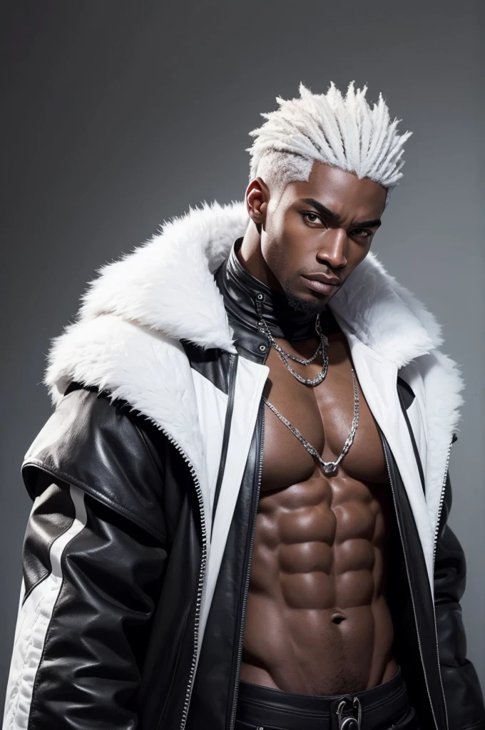 Black male characters, with features of an evident black person, white  hair, with a mad sculptural physique not very strong, with modern clothes 