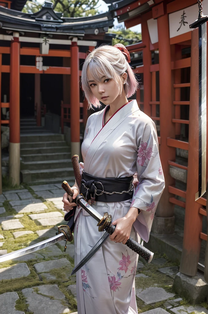 (Highest quality:1.2),32k HDR,High resolution,Perfect Anatomy,Wet and shiny white skin,Sweat dripping down my body,Slender model figure,Ahegao,Silver and pink hair,soaked through,Super small face,Collar and leash,Alley,Edo Town,photo shoot,Maid,((Japanese sword)),tattoo,((whole bodyにタトゥー)),(Arms covered in tattoos),((Collar with leash)),(Lockに繋がれた少女),Women in ecstasy,climax,Acme,Detailed skin texture, Detailed face, Fine grain,((whole body)),((艶やかなkimono)),(((nightの町))),((darkness)),((頭からfootまで)),((Lock帷子)),(((Lock))),(foot),(((Wrapped in a cloth))),((Thick-soled boots)),((大きなJapanese swordを構える)),(((Japanese swordを構える)),((kimono)),((Are standing)),((Wrap a cloth around your chest)),(((巨大なJapanese sword))),((Wear a black belt around your waist)),((花柄のkimono)),((Thin fabric)),((身長と同じくらいの大きさのJapanese swordを振りかぶる)),((night)),((Dim light)),((Glaring at the camera)),