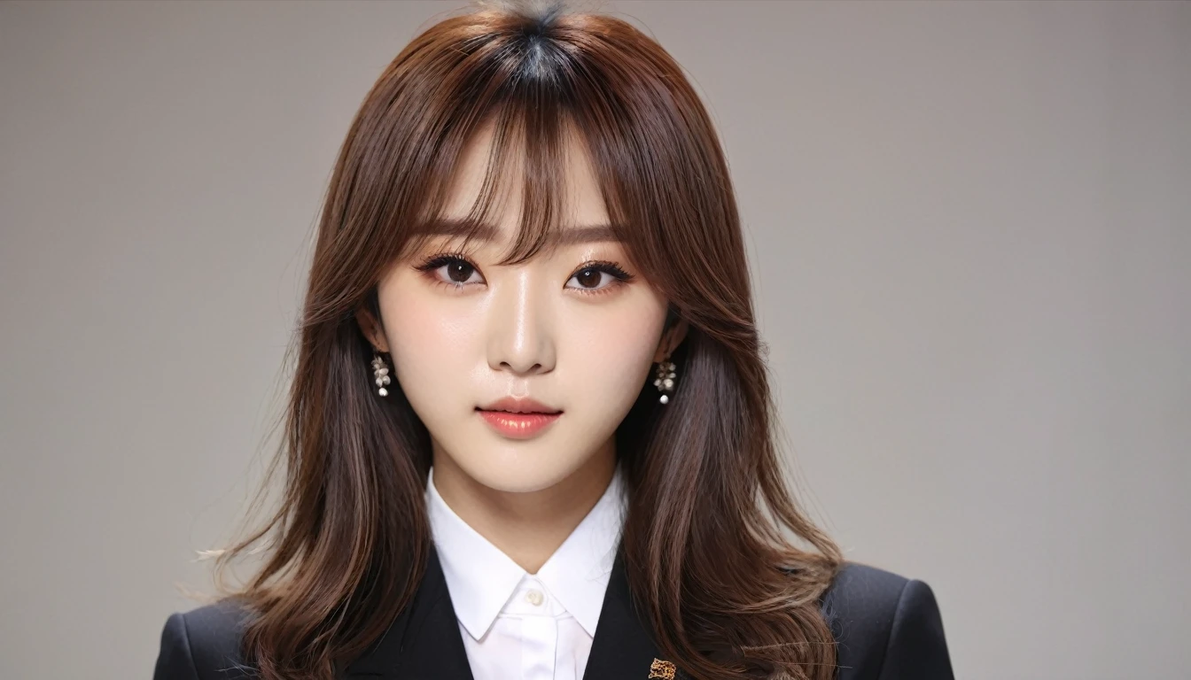 masterpiece、1 beautiful girl、fine grain、Puffy eyes、Highest quality, 超High resolution, (reality: 1.4), Cinema Lighting、Japanese、Asian Beauty、so beautiful、Beautiful Skin、thin、Body facing forward、(超reality的な)、(High resolution)、(8K)、(Very detailed)、(beautiful fine grains)、(Very detailed)、 (wall-)、Detailed face、Bright lighting、Professional Lighting、Looking at the audience、Look straight ahead、(Dressed in a black business suit.)、Television Station,News Studio,Sitting at a desk,Long Hair, Beautiful Hair, Asymmetrical bangs, 、Brown Hair、Japanese Idols、Korean Idol、Fiery idol pose、、21 years old、expensive, Serious expression,