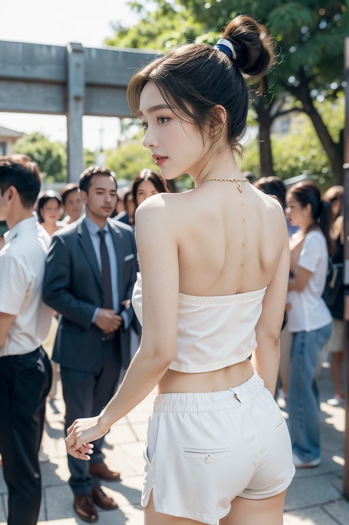 (((best quality))),(((ultra detailed))),(((masterpiece))),illustration,((1 beautiful girl,solo)),((slim,thin)),((shoulder off,strapless,bare back,towering hips,butt crack)), outside school gate, summer twilight, sunlight,(short ponytail:1.3),((white short-sleeved shirt)),((clavicalis,navel)),((navy blue sports shorts,slender legs)),animated face, excited eyes, sounds of laughter, chatter, excitement of summer vacation, air filled with energy, school gate golden glow, symbol of end of academic year, schoolyard transformed, reunion, farewells, embracing setting sun, face illuminated, moment captured, fleeting instant, essence of summer, carefree spirit, youthful exuberance, embodiment of season, sun dips, rosy glow, joy of living,promise of adventures,((standing,from back,upper body)),(surrounded by crowded crowds:1.3)