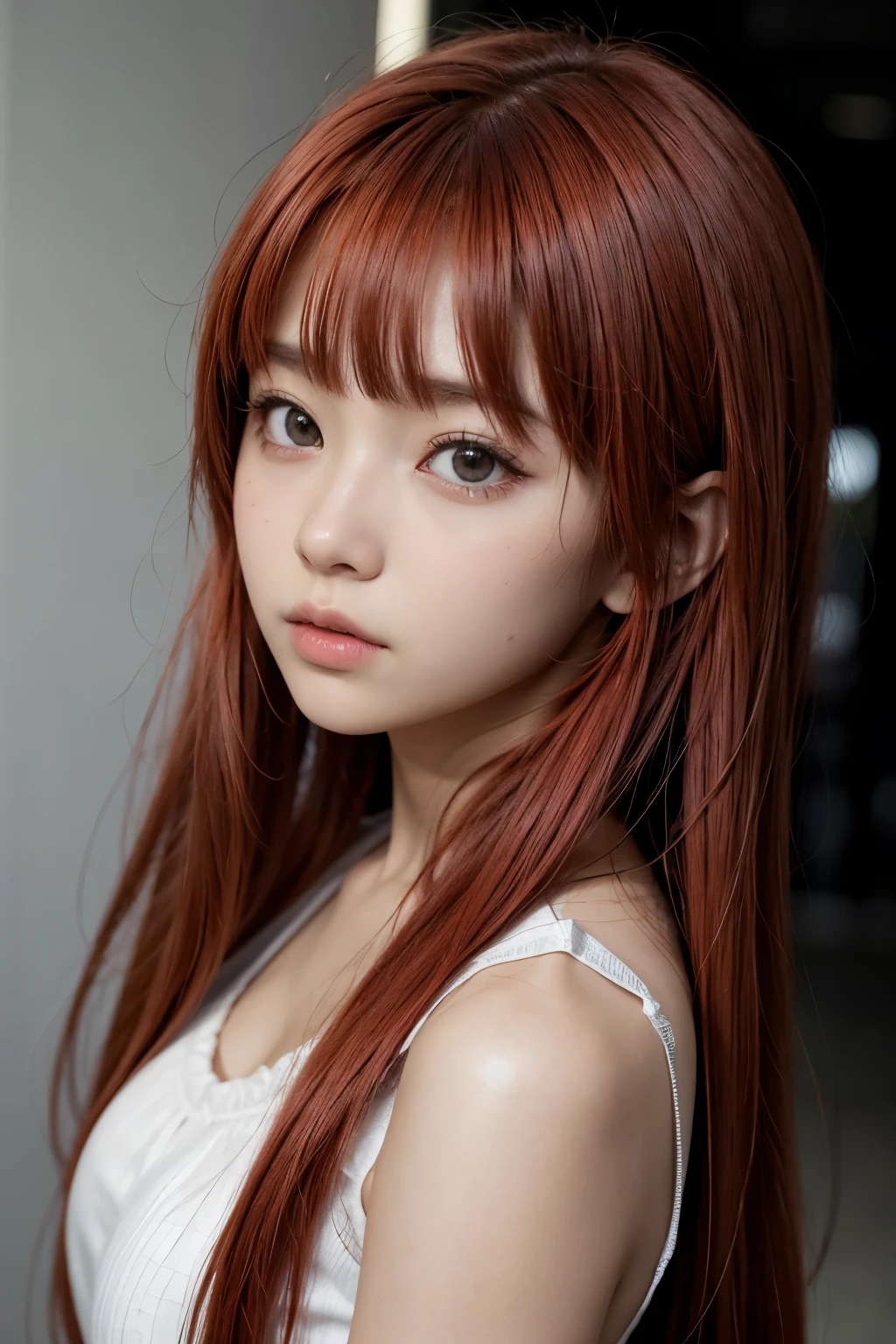 Anime girl red hair bangs dark skin 