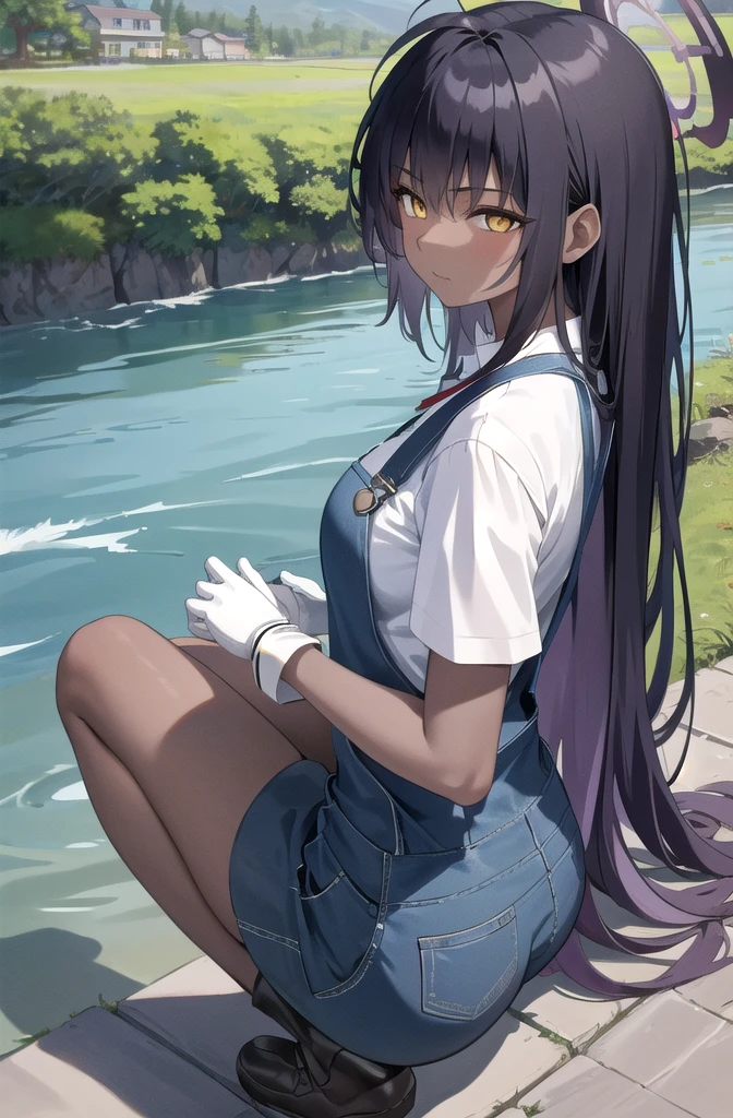 (masterpiece, best quality, detailed), 1girl, solo, karin kakudate, very dark skin, halo, very long hair, tattoo,
overalls, white shirt, short sleeves, white gloves, outdoors, house, rural, village, scenery, path, river, bridge, squatting, from side, from above, happy