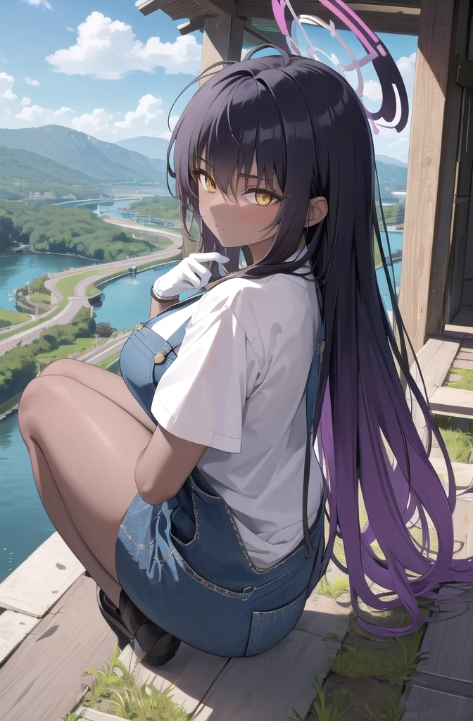 (masterpiece, best quality, detailed), 1girl, solo, karin kakudate, very dark skin, halo, very long hair, tattoo,
overalls, white shirt, short sleeves, white gloves, outdoors, house, rural, village, scenery, path, river, bridge, squatting, from side, from above, happy