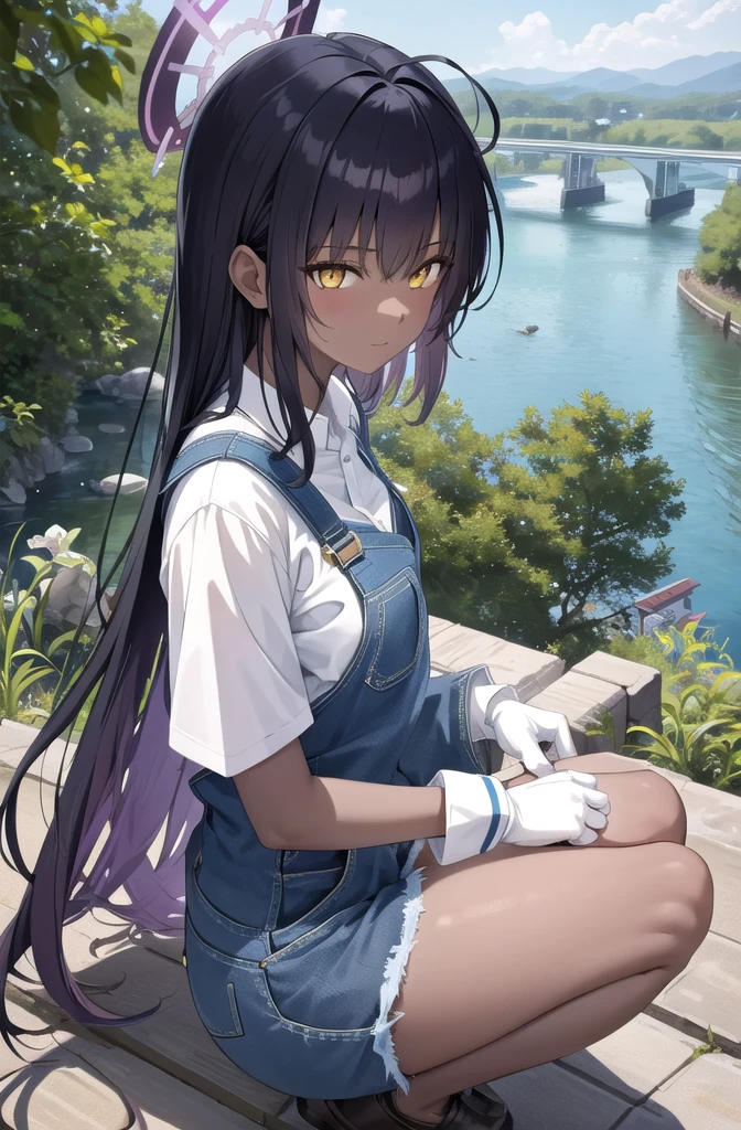 (masterpiece, best quality, detailed), 1girl, solo, karin kakudate, very dark skin, halo, very long hair, tattoo,
overalls, white shirt, short sleeves, white gloves, outdoors, house, rural, village, scenery, path, river, bridge, squatting, from side, from above, happy