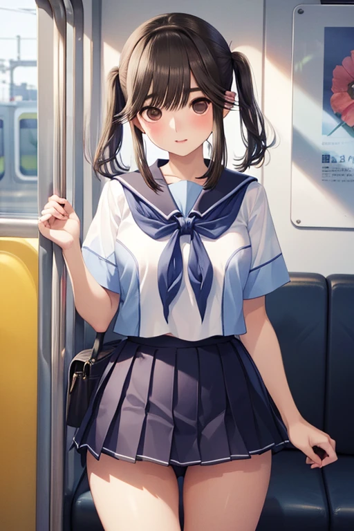 nsfw,
Gaoling loves flowers、Shiny brown hair, Twin tails、, Beautiful brown eyes、smile、Sparkling eyes, (Fine grain)、Ultra-detailed eyes、非常にDetailed face, Very detailedな目,

masterpiece,Highest quality,High resolution,Very detailed,masterpiece, Highest quality, High resolution, Medium chest、

(8K、Highest quality、Highest quality、masterpiece)、Detailed face、One Girl、in the train、((Pressing her chest against the train window 1.4))、、short hair、、Blunt bangs、Grey Eyes、、、((Short-sleeved white sailor suit、ネイビーブルーのミニPleated skirt、Very short mini skirt、Bare thighs))、((Pleated skirt))、((No pants))、