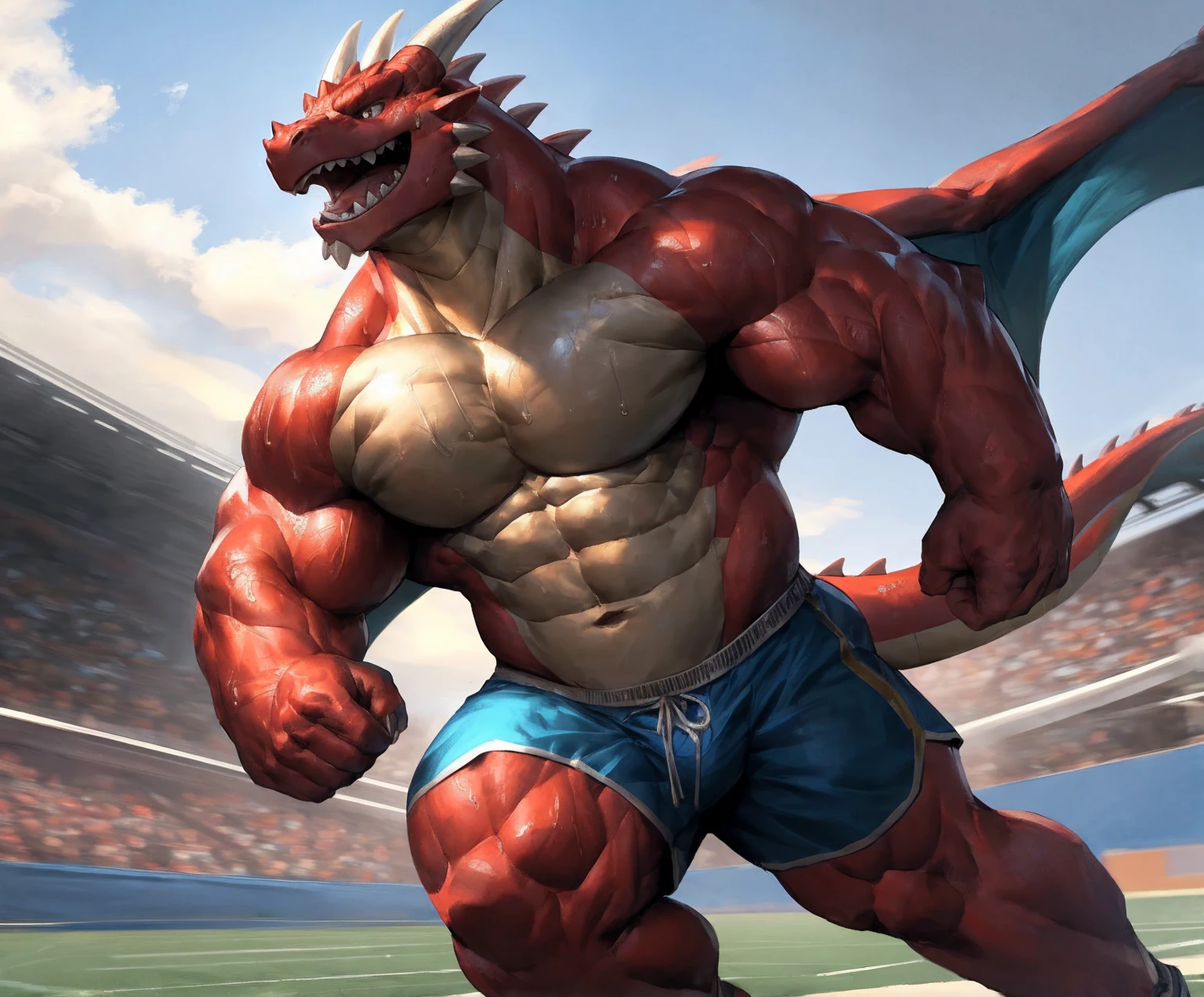 human nature, cannon, male, solitary, ((the strong，Handsome)), (dragon), Chibo，Six-pack abs，(Athletics，Track)，run，Blue shorts，Sweat:1.3，high quality, (4K,high quality, high resolution, masterpiece), cartoon,by lindong