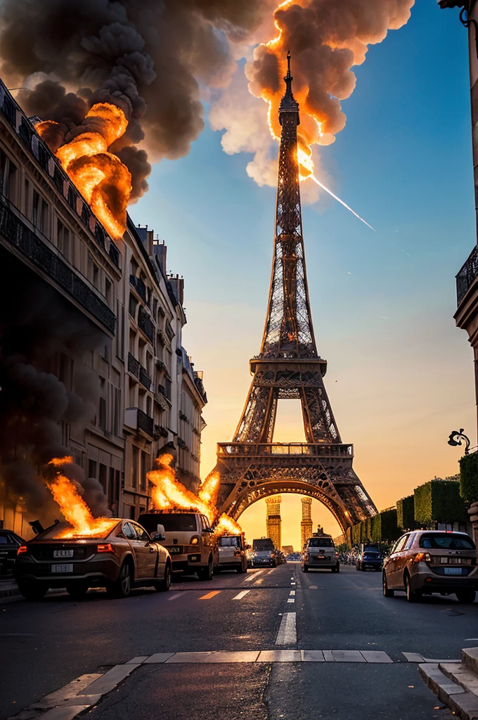 the eiffell tower of Paris in flames seen from a street with two Parisian buildings, soldiers in the street and tanks, professional photo with very high details, World War III scenario