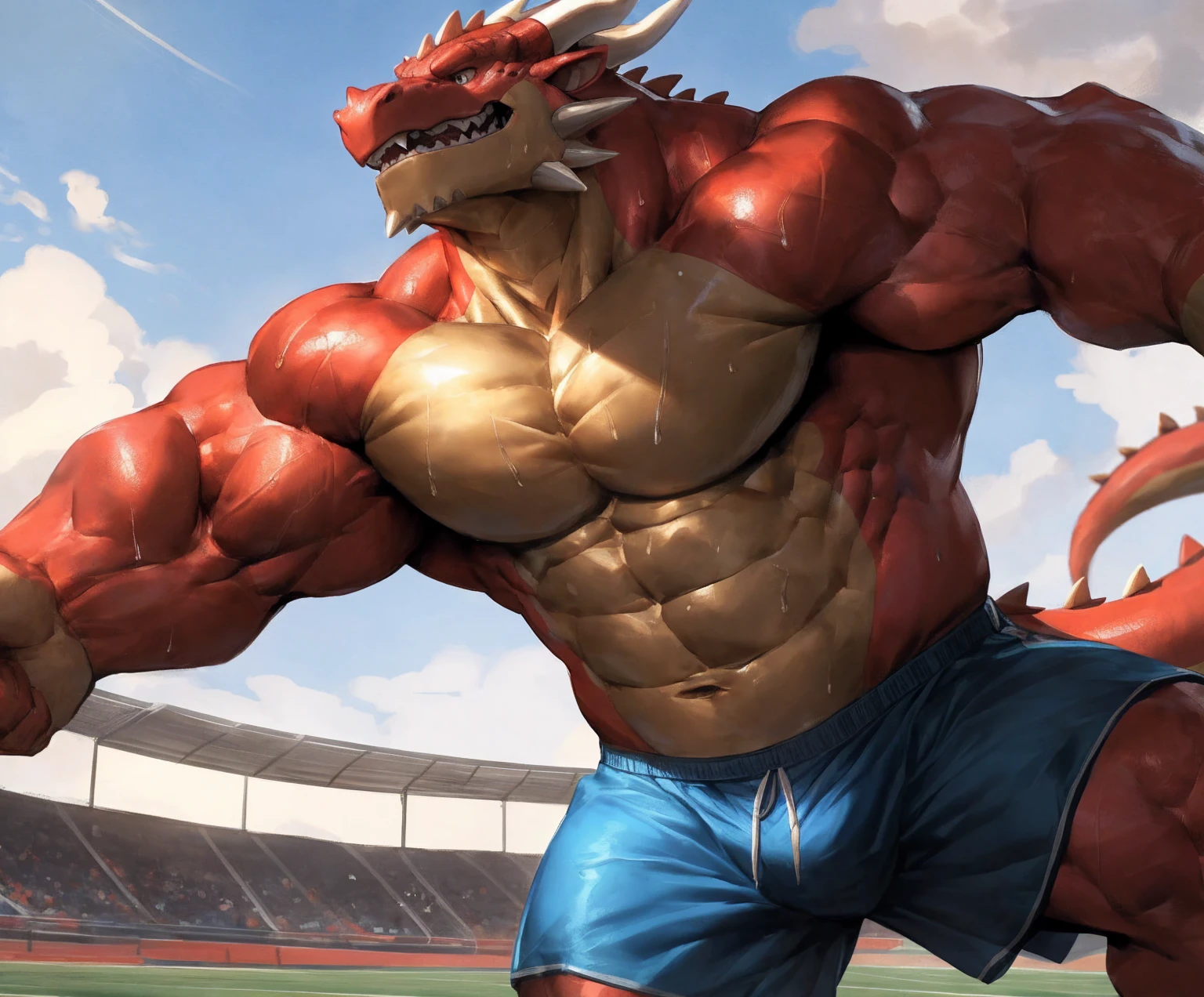 human nature, cannon, male, solitary, ((the strong，Handsome)), (dragon), Chibo，Six-pack abs，(Athletics，Track)，run，Blue shorts，Sweat:1.3，high quality, (4K,high quality, high resolution, masterpiece), cartoon,by lindong