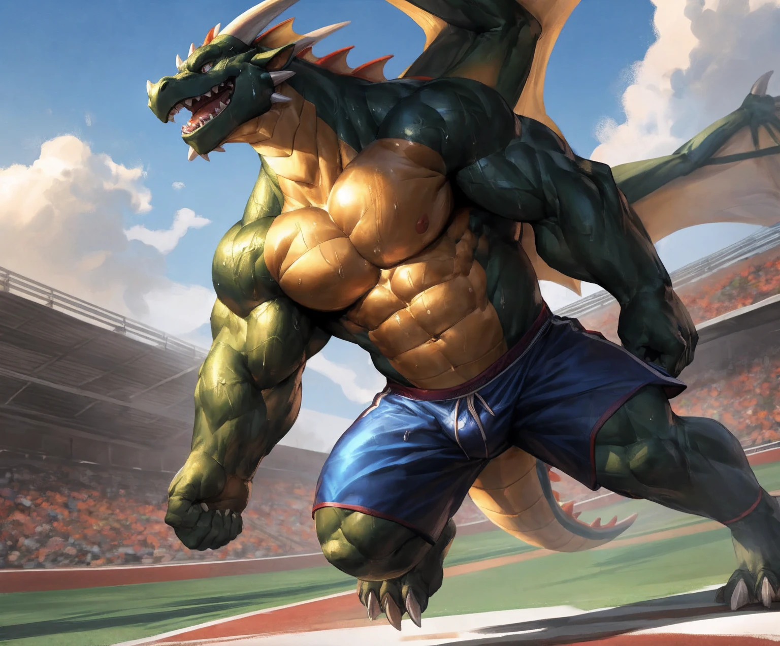 human nature, cannon, male, solitary, ((the strong，Handsome)), (dragon), Chibo，Six-pack abs，(Athletics，Track)，run，Blue shorts，Sweat:1.3，high quality, (4K,high quality, high resolution, masterpiece), cartoon,by lindong