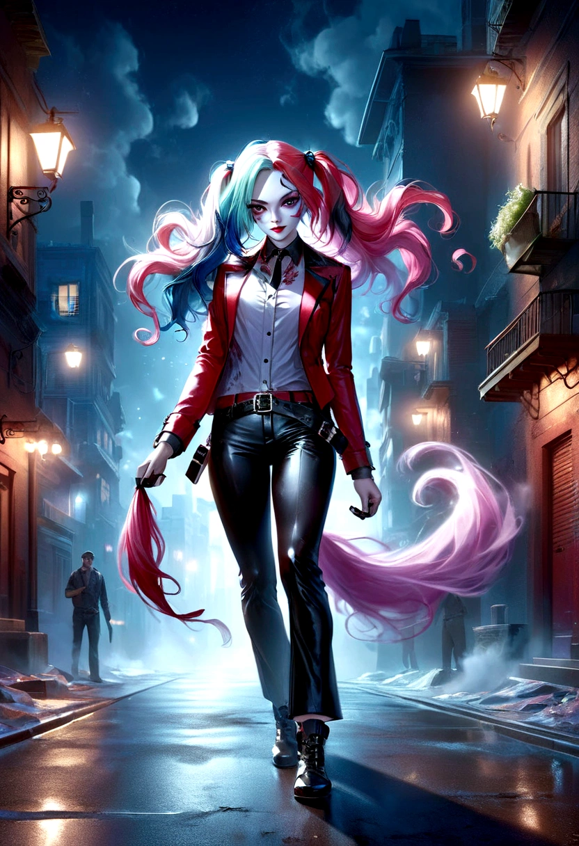 Villain Harley Quinn, long colored hair, Smeared makeup, tight costume, Belt with shiny buckle, A bat in his hand, exteriors, night city, higly detailed, Realistic full-length photo