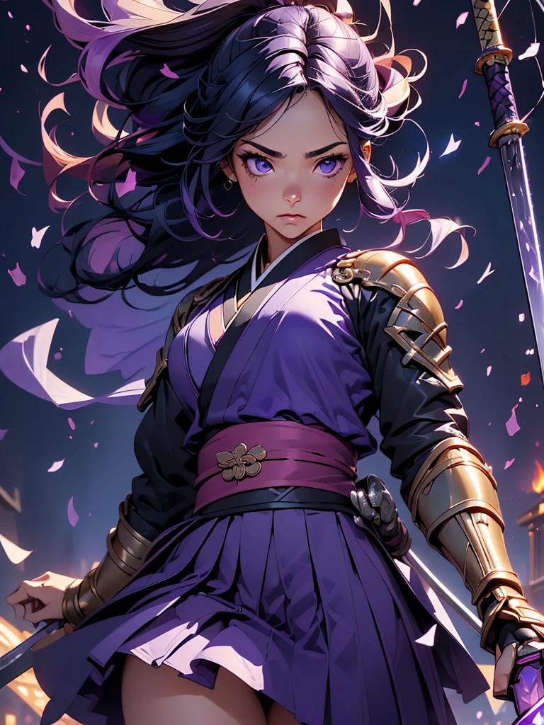 (masterpiece), (best quality), (dutch angle), (hyper detailed), (High resolution), 4k, (good anatomy), (nice hand), (perfect hand), (HDR:1.2), (illustration), (extremely delicate and beautiful)
1girl, (kunoichi:1.2), black hair, black eye, lean body, waist slender, leg slender, (Japanese clothes), kimono, ninja, (kunoichi uniform), (gauntlet:1.2), (greave:1.2), (gaiter:1.2), (purple flame:1.5), (purple fire:1.5), (holding purple flame sword:1.5), (holding purple energy sword:1.3), (purple flame katana:1.3), (swing a purple flame sword:1.3),
battle, fight, (vengeful spirit come's attack), (vs vengeful spirit)
(purple confetti:1.5), (cave), dungeon,