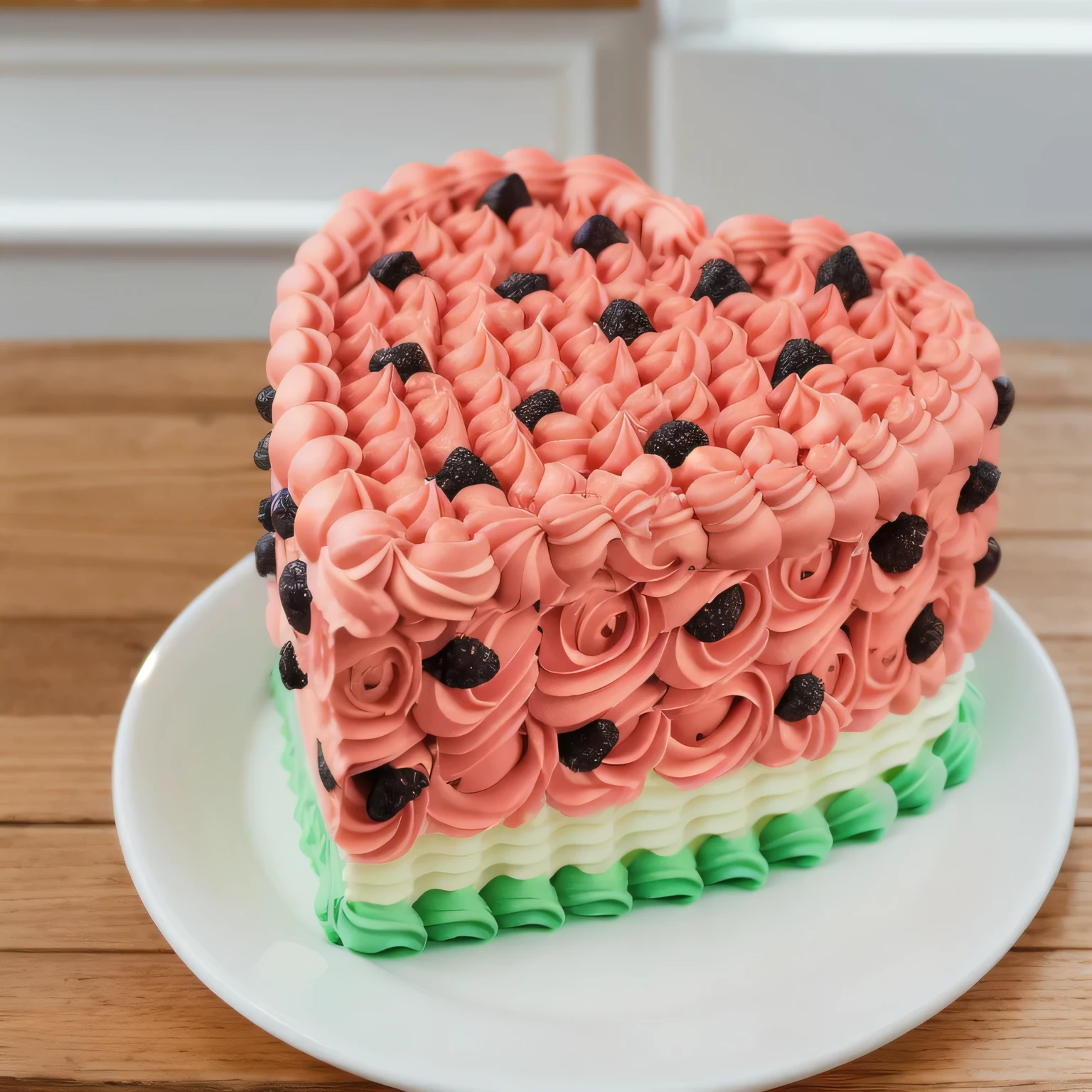 on a black background, a cream cake in the form of a heart, in shape of watermelon, the lower part of the cake is made of green cream whirls, reproduces the texture of a watermelon, a cream layer of fresh, juicy white m'yakotia. The top layer consists of red cream, on top of which watermelon seeds are poured, made of polymer clay, window light, bright lights, soft light, window light, professional lighting, light from the window, neat light, realistic texture, realistic style, detailed texture, high quality, high resolution, high quality rendering, realistic photo, brightning light, macro photo

