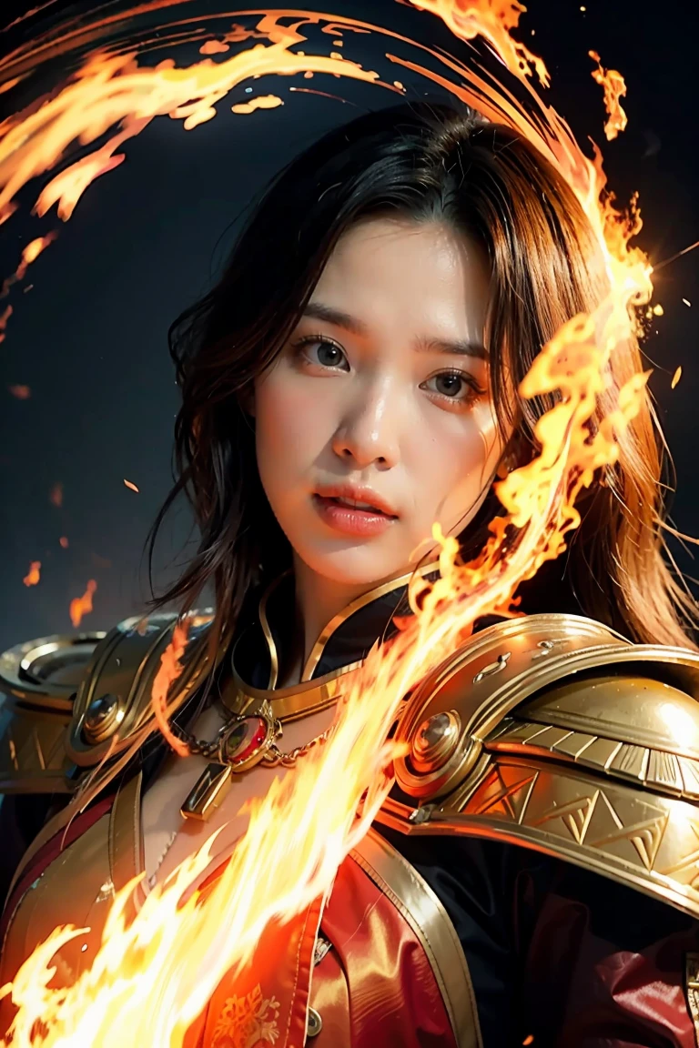 Close-up of a woman with fire and flames on her body., of flame, With fiery golden cloak., Grand fantasy art style, concept art | Art Anointing, phoenix warrior, extremely detailed Art Anointing, Grand fantasy digital art style, Female Master of Change, full portrait of Elementalist, Excellent and neat character art