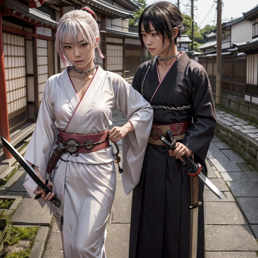 nsfw,(Highest quality:1.2),32k HDR,High resolution,Perfect Anatomy,Wet and shiny white skin,Slender model figure,Ahegao,Silver and pink hair,short hair,soaked through,Super small face,Collar and leash,Alley,Edo Town,shrine,Domestic,photo shoot,Maid,((Japanese sword)),tattoo,((whole bodyにタトゥー)),(Arms covered in tattoos),tattoo,((whole bodyにタトゥー)),(Arms covered in tattoos),(whole bodyをA body covered in tattoos), (A body covered in tattoos),((Collar with leash)),(Lockに繋がれた少女),Women in ,climax,etailed skin texture, Detailed face, Fine grain,((whole body)),((艶やかなkimono)),(((nightの町))),((暗darkness)),((頭からfootまで)),((Lock帷子)),(((Lock))),(foot),(((Wrapped in a cloth))),((geta)),((大きなJapanese swordを構える)),(((Japanese swordを構える)),((kimono)),((Are standing)),((Wrap a cloth around your chest)),(((巨大なJapanese sword))),((Wear a black belt around your waist)),((花柄のkimono)),((Thin fabric)),((身長と同じくらいの大きさのJapanese swordを振りかぶる)),((night:1.2)),((Dim light)),((Glaring at the camera)),((Bold pose)),(((Restraints))),(((darkness))),(((moonlight:1.2))),,(((kimonoの上からLockを身体中に巻く:1.2))),(((Japanese sword:1.3))),((Lock)),((Hakama)),((Wrap the chain:1.2)),