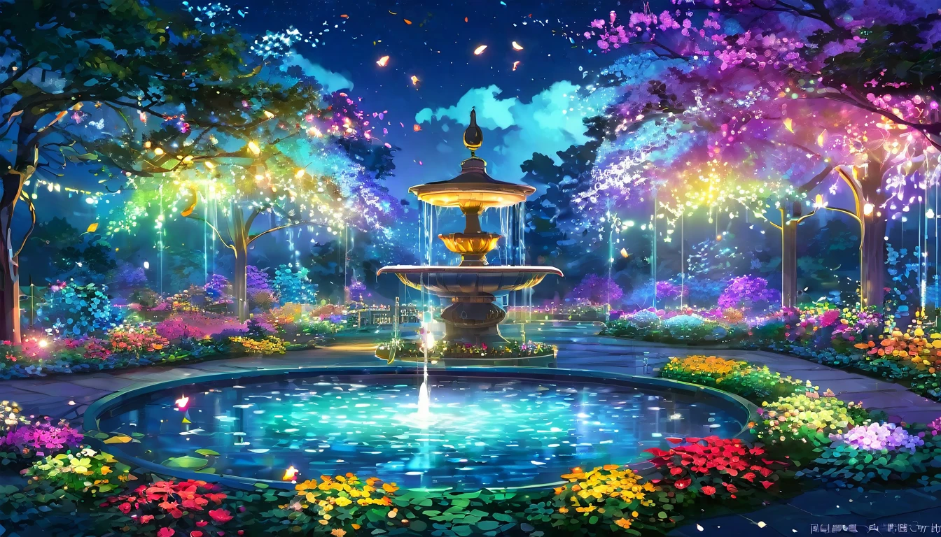 Dream garden digital illustration。Colorful flowers々A beautiful garden filled with blooming flowers。In the center of the garden there is a fountain of light.、The water splashes shine in rainbow colors。There are floating lanterns throughout the garden.、It emits a soft light。At night, the entire garden magically lights up in fluorescent colors.、Flowers and leaves、The fountain&#39;s water splashes are illuminated with a mystical light.。Particles of light float in the air、The overall atmosphere is mysterious and dreamy.。
