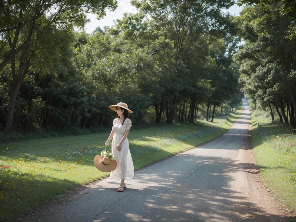 A girl,Walk on country roads,Flowers and trees,Wearing a straw hat