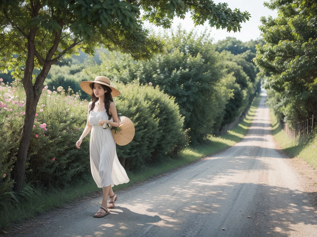 A girl，Walk on country roads，Flowers and trees，Wearing a straw hat