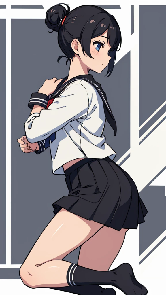 From the side,whole body,Hair tied up,Sailor suit,Black Skirt,socks,School