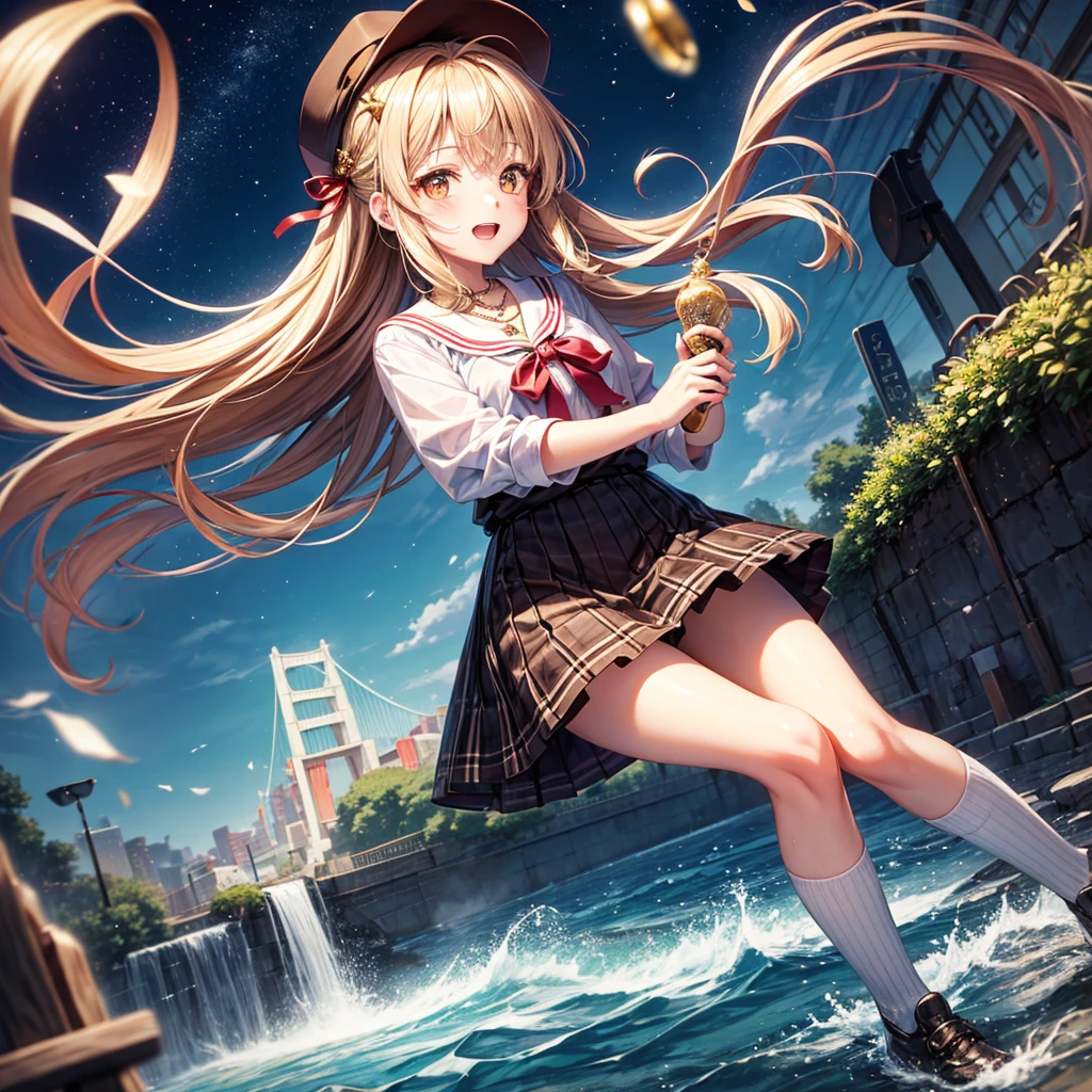 Red, brown, gold, gold hair、Golden Eyes、Hair tied up、One good looking girl、solo、anime、Checkered mini skirt、Ruffles on the skirt、Checked dress、blouse、school uniform、Black knee-high socks、Wearing a baseball cap、Ribbon、Ribbon on waist、Teeth are visible、Silver coin necklace、From above、Cobblestones、waterfall、Starry Sky、Midnight Moon、suspension bridge、Soap bubbles are flying、beam、ripple、Rocks floating in water、Crab walking、Holding three-colored dumplings