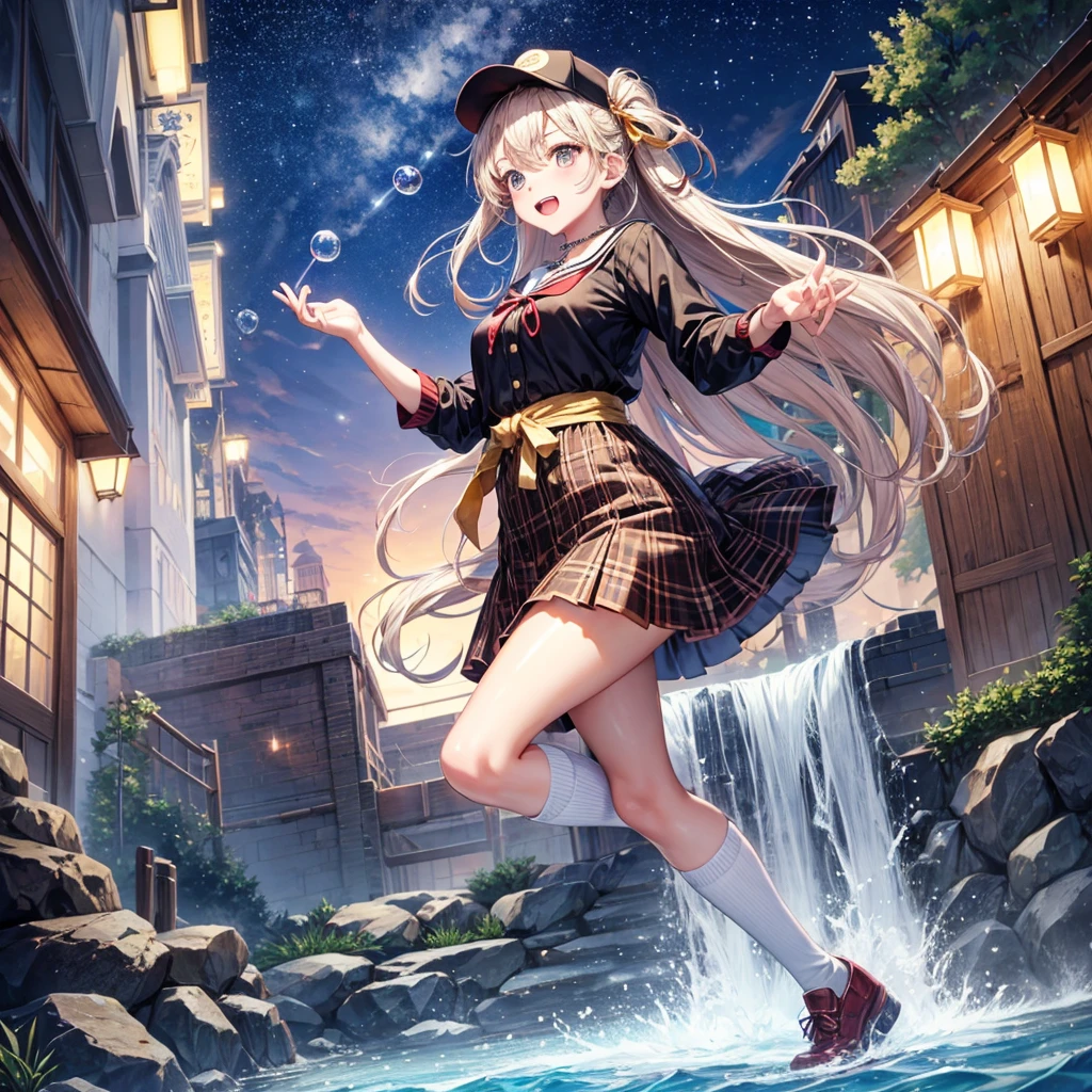 Red, brown, gold, gold hair、Golden Eyes、Hair tied up、One good looking girl、solo、anime、Checkered mini skirt、Ruffles on the skirt、Checked dress、blouse、school uniform、Black knee-high socks、Wearing a baseball cap、Ribbon、Ribbon on waist、Teeth are visible、Silver coin necklace、From above、Cobblestones、waterfall、Starry Sky、Midnight Moon、suspension bridge、Soap bubbles are flying、beam、ripple、Rocks floating in water、Crab walking、Holding three-colored dumplings