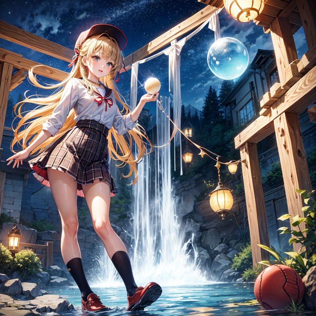 Red, brown, gold, gold hair、Golden Eyes、Hair tied up、One good looking girl、solo、anime、Checkered mini skirt、Ruffles on the skirt、Checked dress、blouse、school uniform、Black knee-high socks、Wearing a baseball cap、Ribbon、Ribbon on waist、Teeth are visible、Silver coin necklace、From above、Cobblestones、waterfall、Starry Sky、Midnight Moon、suspension bridge、Soap bubbles are flying、beam、ripple、Rocks floating in water、Crab walking、Holding three-colored dumplings