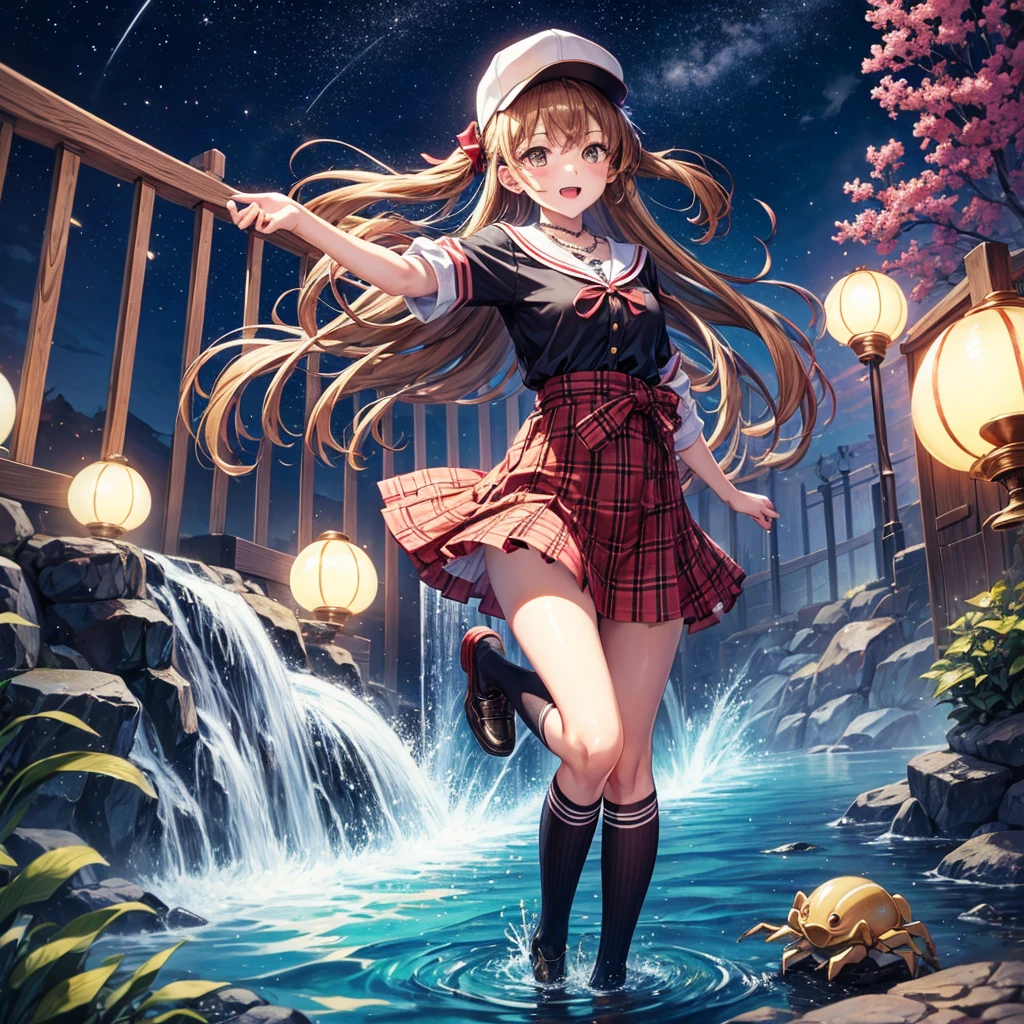 Red, brown, gold, gold hair、Golden Eyes、Hair tied up、One good looking girl、solo、anime、Checkered mini skirt、Ruffles on the skirt、Checked dress、blouse、school uniform、Black knee-high socks、Wearing a baseball cap、Ribbon、Ribbon on waist、Teeth are visible、Silver coin necklace、From above、Cobblestones、waterfall、Starry Sky、Midnight Moon、suspension bridge、Soap bubbles are flying、beam、ripple、Rocks floating in water、Crab walking、Holding three-colored dumplings