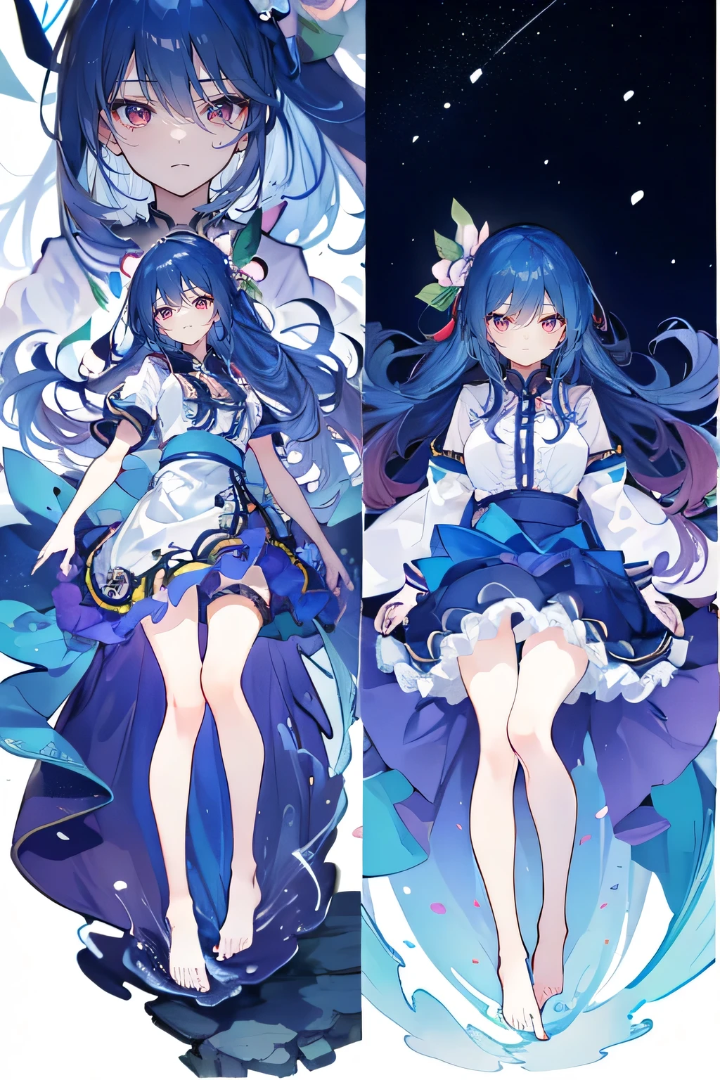 (masterpiece:1.2),Super detailed,lifelike,Expressive eyes,fair skin,perfect face shape,1 girl,
Japanese comics,Gorgeous blue hair,flowing blue hair,flowing clothes,Petals fall,beautiful lola,Baby Angel,
Shaking head with one hand,Cross your legs,Gentle and peaceful background,The pavilion is cool and comfortable,smile, wearing hoodie, background of tokyo,back views,snowing, winter,lie on the water. dark blue gradient hair,asymmetrical hair,((Hair is very thick 1.8,Chiseled hair 1.6)), Hair over the shoulders, Messy hair, Very long hair, shiny hair,(long dark blue hair:1.2),A beautiful girl,(Transparent clothes transparent 1.8),Perfect body,Big thin legs,slender,(Looks very sad,Looks haggard ,sadness,shut your mouth:1.2) Against the backdrop of an unusually bright dark starry sky,(Put your hands behind your back),(round,Room, Strong breasts),barefoot,float,water surface,(long legs,long legs,long legs,Complete)