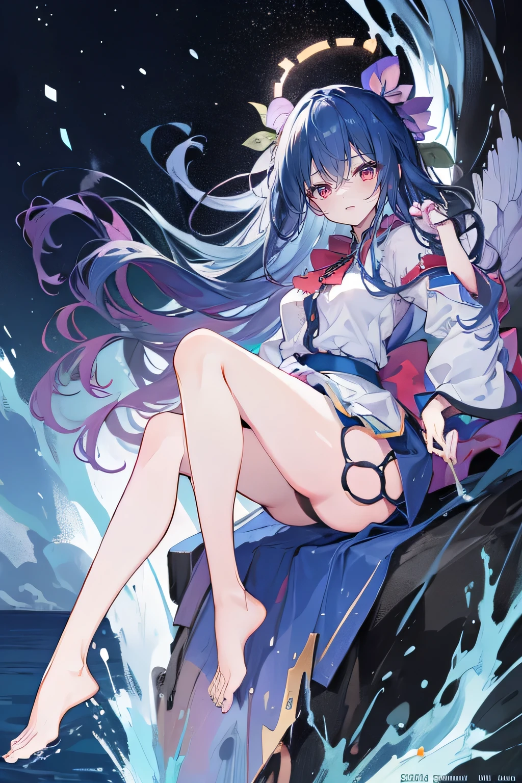 (masterpiece:1.2),Super detailed,lifelike,Expressive eyes,fair skin,perfect face shape,1 girl,
Japanese comics,Gorgeous blue hair,flowing blue hair,flowing clothes,Petals fall,beautiful lola,Baby Angel,
Shaking head with one hand,Cross your legs,Gentle and peaceful background,The pavilion is cool and comfortable,smile, wearing hoodie, background of tokyo,back views,snowing, winter,lie on the water. dark blue gradient hair,asymmetrical hair,((Hair is very thick 1.8,Chiseled hair 1.6)), Hair over the shoulders, Messy hair, Very long hair, shiny hair,(long dark blue hair:1.2),A beautiful girl,(Transparent clothes transparent 1.8),Perfect body,Big thin legs,slender,(Looks very sad,Looks haggard ,sadness,shut your mouth:1.2) Against the backdrop of an unusually bright dark starry sky,(Put your hands behind your back),(round,Room, Strong breasts),barefoot,float,water surface,(long legs,long legs,long legs,Complete)