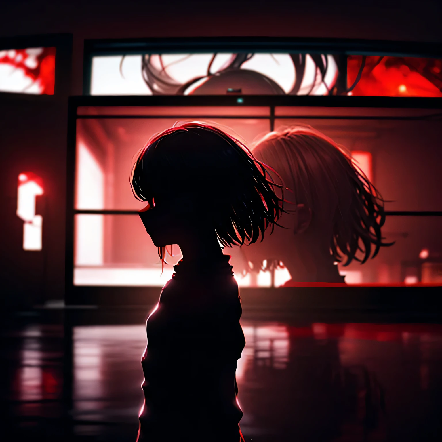 I want a large cinema screen where there's a person on the screen and in front of the screen: a masterpiece. A woman with red eyes stands in front of a window. Her beautiful eyes are visible on a large monitor screen in the background. A girl is in the center, her silhouette standing out. The red lighting highlights her red eyes and the blood. The room is detailed and dimly lit, with light coming from screens and monitor panels. The panels depict girls, and on these panels, many eyes are visible.