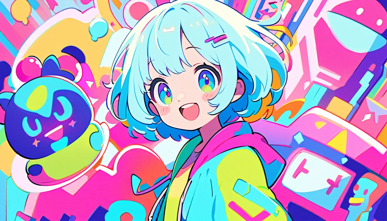 Vibrant art,pop、bright、colorful, 1 female, Light blue hair, short hair、Happy,cute, Animation Style, cute, clearly, pastel、colorful cyberpunk, bubblegum pop, cute、Pink and light blue as main colors、I'Cheer loudly、 Wearing headphones、tropical, summer、 Cool atmosphere、