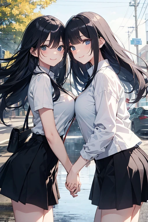 （Cute older sister:1.3）、Long eyelashes、smile,Spring atmosphere、noon、Aggressive、hot、((Strong winds))、Black Skirt、Shining Eyes、Light blue Y-shirt、Cafe、heavy rain、Long black hair、Large Breasts
