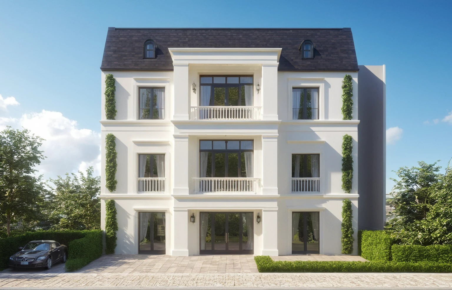 Architectural style Architectural style, ((Classic Style House)),(masterpiece) , ((best quality)), dramatic lighting, high quality outdoors, sky, day, cloud, tree, blue sky, building, scenery, road, real world location, sunlight, enough detail, high resolution,super realistic, Photorealistic, highly detailed, balcony, plants, door, car, truck, parking slot, paving, . Clean lines, architectural drawing, highly detailed , . Clean lines, geometric shapes, minimalist, modern, architectural drawing, highly detailed