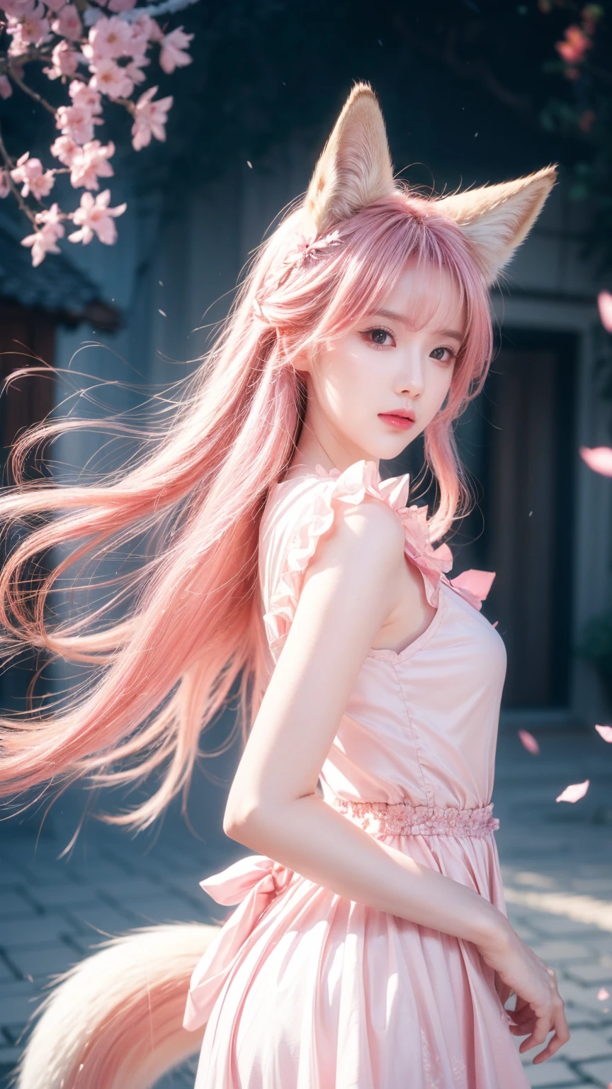 Nine snow-white fox tails (1.0), Milky white fox tail (1.0), Nine-tailed fox close-up, Nine Tails, Nine Tails, Pink Hair、Wearing a pink dress、Anime girl with flowers in her hair, very Beautiful anime fox girl, Beautiful anime fox girl, Beautiful fantasy anime, Gu Weiss, Anime girl with fox ears, Beautiful anime girl, Very beautiful and cute fox girl, Pink flower rain, Background blur, Anime style 4k, Anime Fantasy Artwork, 4k anime wallpaper, Guvez-style artwork