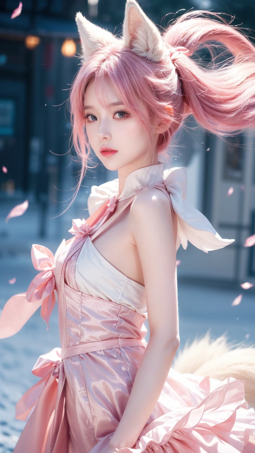 Nine snow-white fox tails (1.0), Milky white fox tail (1.0), Nine-tailed fox close-up, Nine Tails, Nine Tails, Pink Hair、Wearing a pink dress、Anime girl with flowers in her hair, very Beautiful anime fox girl, Beautiful anime fox girl, Beautiful fantasy anime, Gu Weiss, Anime girl with fox ears, Beautiful anime girl, Very beautiful and cute fox girl, Pink flower rain, Background blur, Anime style 4k, Anime Fantasy Artwork, 4k anime wallpaper, Guvez-style artwork