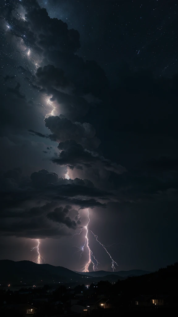 Create an image of a cloudy sky with stars and lightning