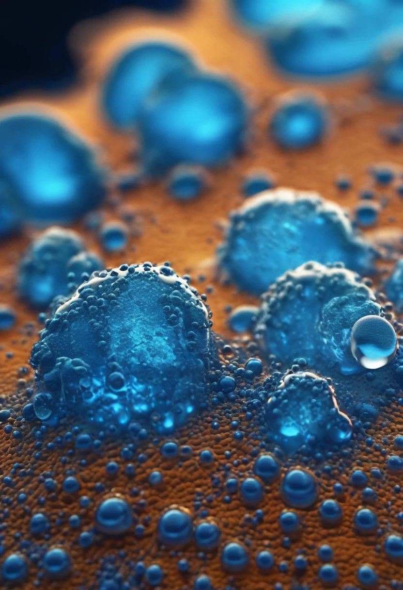 Close up microscopic shot of cooling gel, ultra detail, 8k, blue on blue particles in gel like liquid, water