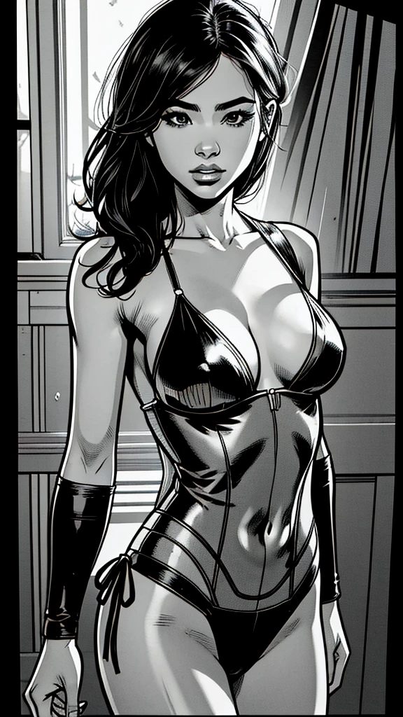 2d comic,line art, 比基尼, greyscale, ภาพโทนbright, bright, daytime