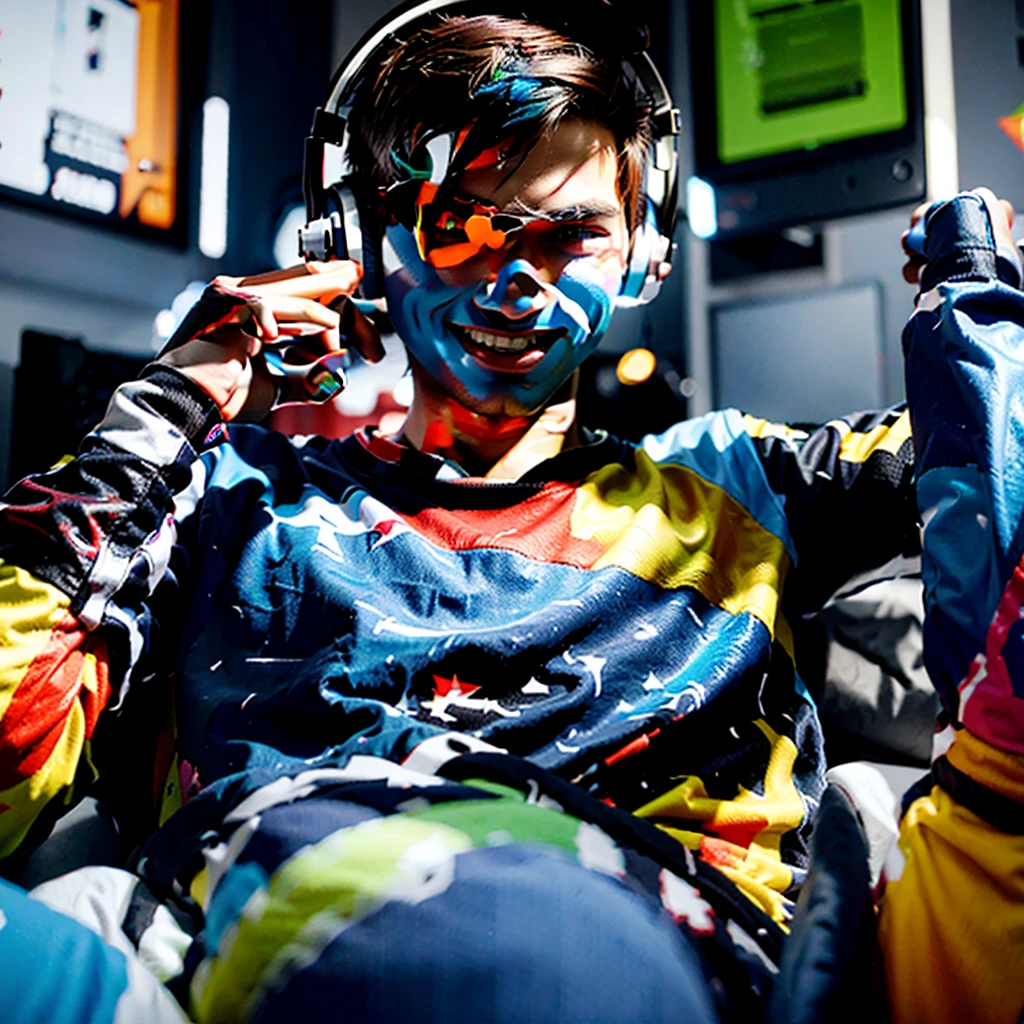gamer young man, wearing headphones, with gamepad, with a playful and cheerful look, Character 3D Colorful, colors, UItra, 3D render, 16K, --q 5 --ar 7:4