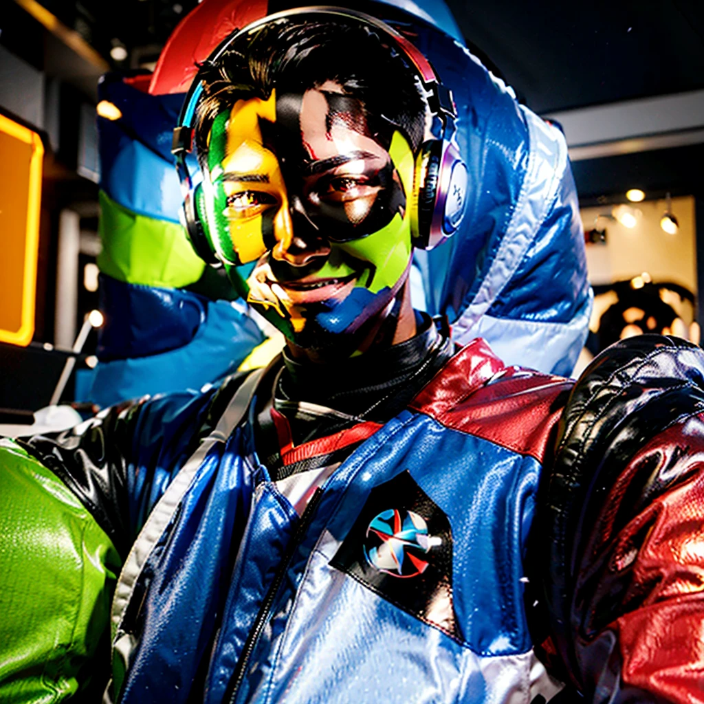 gamer young man, wearing headphones, with gamepad, with a playful and cheerful look, Character 3D Colorful, colors, UItra, 3D render, 16K, --q 5 --ar 7:4