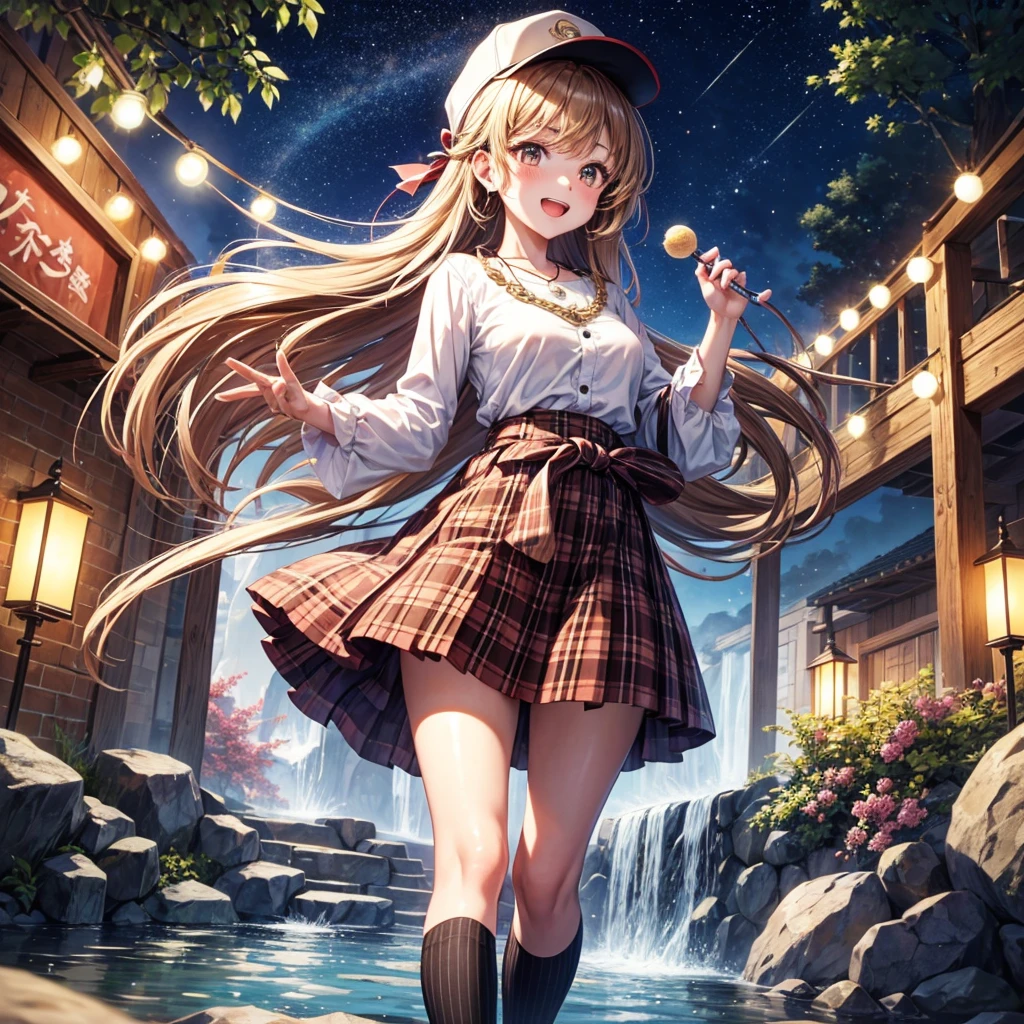 Red, brown, gold, gold hair、Golden Eyes、Hair tied up、One good looking girl、solo、anime、Checkered mini skirt、Ruffles on the skirt、Checked dress、blouse、school uniform、Black knee-high socks、Wearing a baseball cap、Ribbon、Ribbon on waist、Teeth are visible、Silver coin necklace、From above、Cobblestones、waterfall、Starry Sky、Midnight Moon、suspension bridge、Soap bubbles are flying、beam、ripple、Rocks floating in water、Crab walking、Holding three-colored dumplings
