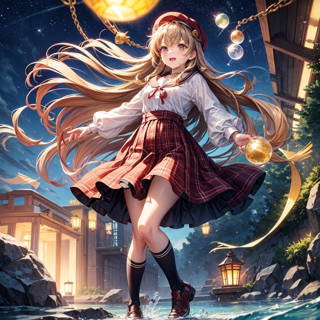 Red, brown, gold, gold hair、Golden Eyes、Hair tied up、One good looking girl、solo、anime、Checkered mini skirt、Ruffles on the skirt、Checked dress、blouse、school uniform、Black knee-high socks、Wearing a baseball cap、Ribbon、Ribbon on waist、Teeth are visible、Silver coin necklace、From above、Cobblestones、waterfall、Starry Sky、Midnight Moon、suspension bridge、Soap bubbles are flying、beam、ripple、Rocks floating in water、Crab walking、Holding three-colored dumplings