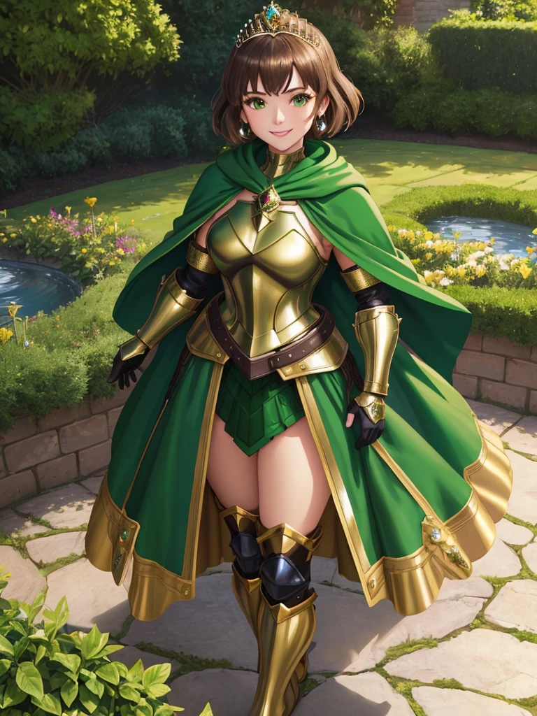 masterpiece, best quality:1.2), 1girl, smile, looking at viewer, green eyes, short brown hair, princess, armor, , pauldrons, armored dress, green cloak cape, wearing puffy blue ballgown skirt, golden tiara with green gem, armored boots, fingerless gloves, standing in medieval garden