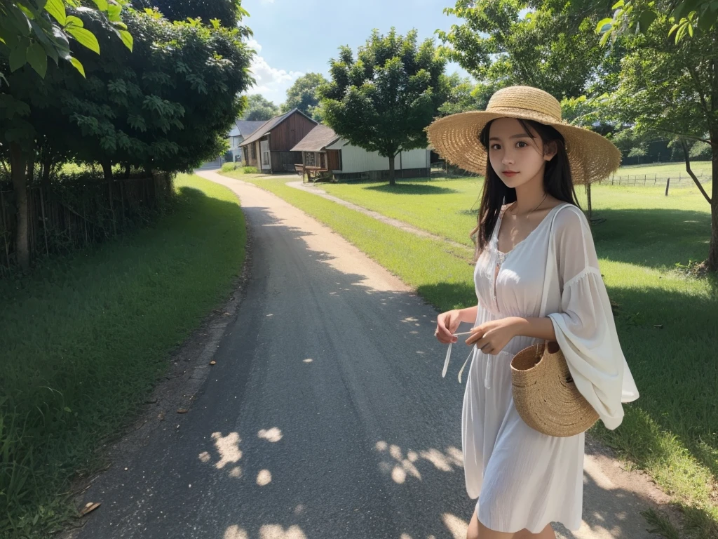 A girl，Walk on country roads，houses，Wearing a straw hat，Close shot