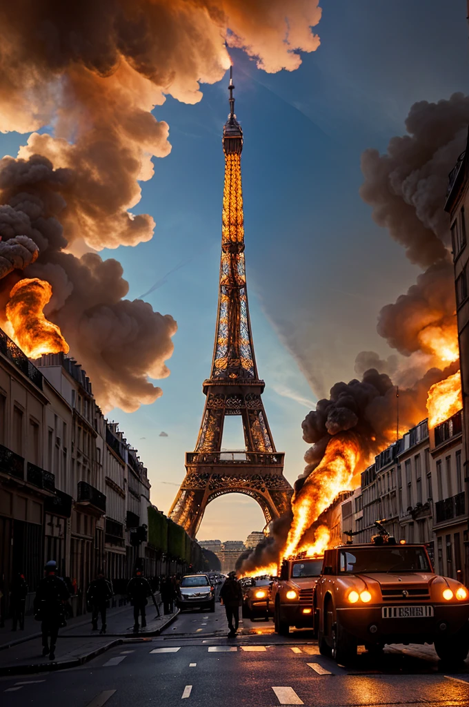 the eiffell tower of Paris in flames seen from a street with two Parisian buildings, soldiers in the street and tanks, professional photo with very high details, World War III scenario 