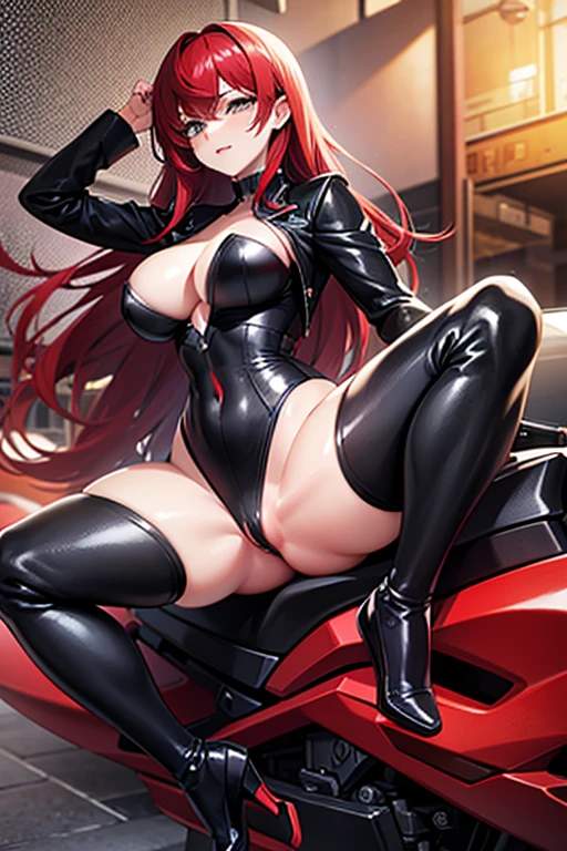 Women, opening the vagina, tight black suit, red hair motorcycles