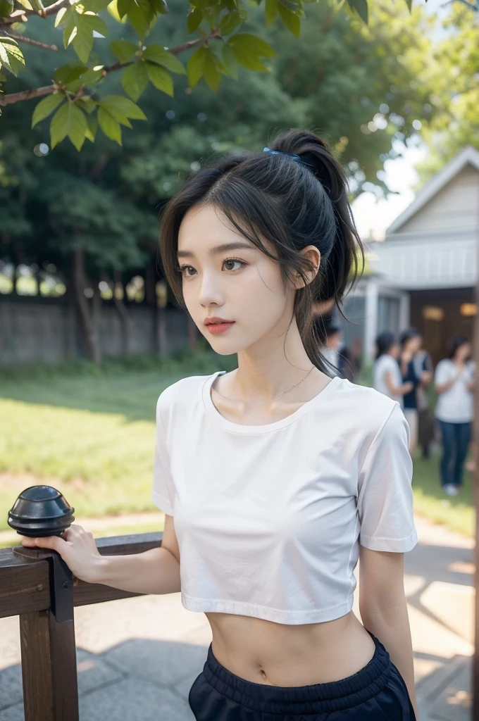 (((best quality))),(((ultra detailed))),(((masterpiece))),illustration,((1 beautiful girl,solo)),((slim,thin)),((small breasts,flat chest)), outside school gate, summer twilight, sunlight,(short ponytail:1.3),((white short-sleeved shirt)),((clavicalis,navel)),((navy blue sports shorts,slender legs)),animated face, excited eyes, sounds of laughter, chatter, excitement of summer vacation, air filled with energy, school gate golden glow, symbol of end of academic year, schoolyard transformed, reunion, farewells, embracing setting sun, face illuminated, moment captured, fleeting instant, essence of summer, carefree spirit, youthful exuberance, embodiment of season, sun dips, rosy glow, joy of living,promise of adventures,((standing,from front,upper body)),(surrounded by crowded crowds:1.3)